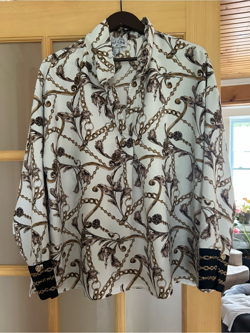 Joseph Ribkoff White Blouse with Gold and Brown Chain Print